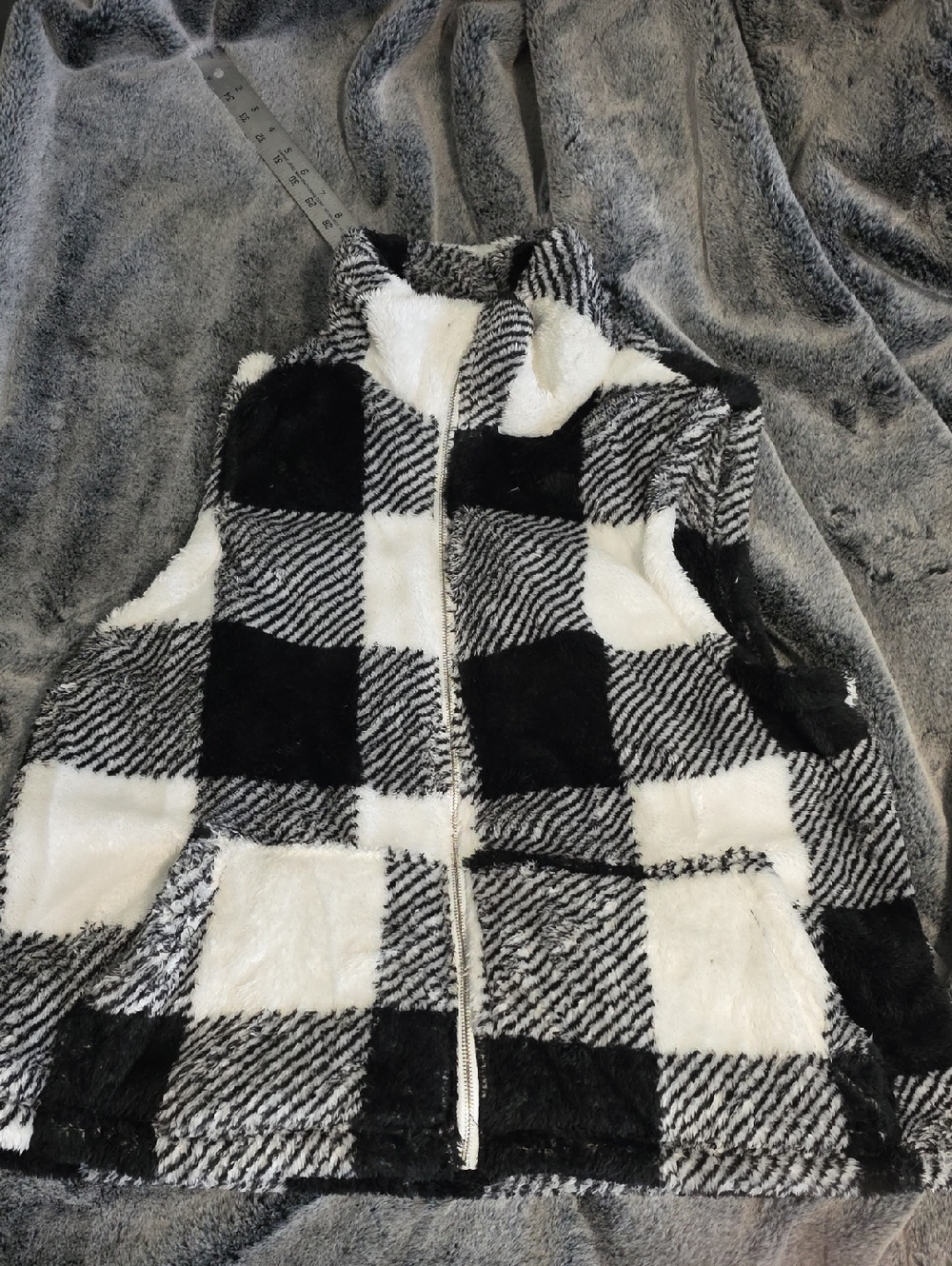 Black & White Buffalo Plaid Faux Fur Zip Vest